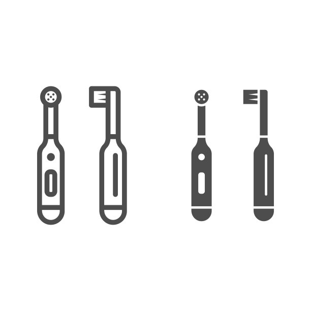 电动牙刷线和立体图标，国际牙医日概念，白色背景上的清洁牙齿标志，电动牙刷正面和侧面轮廓式图标。矢量图形。图片下载