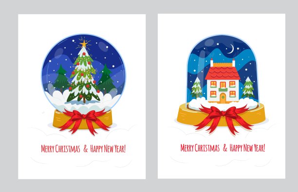 雪球贺卡集。圣诞快乐玻璃雪球收集圣诞树和可爱的房子。矢量插图在白色孤立的背景图片下载