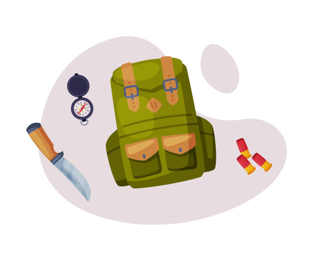 狩猎对象，背包，狩猎刀，指南针工具，子弹平面矢量插图图片下载