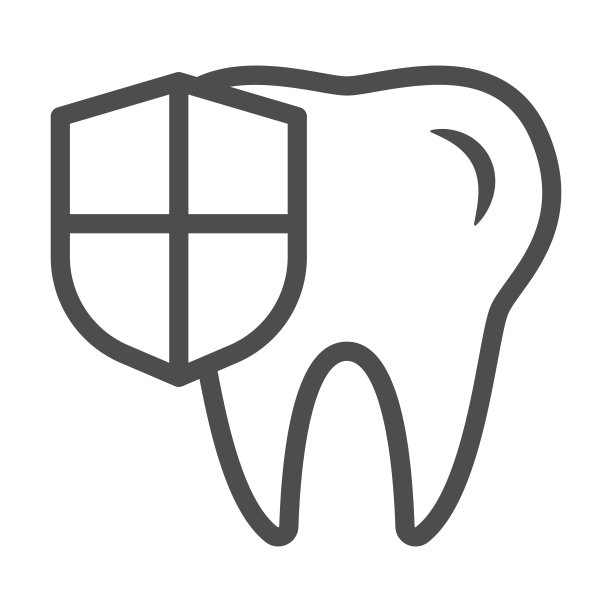 保护牙齿线条图标，国际牙医日概念，白色背景上的牙齿保护标志，盾牌和牙齿轮廓风格的移动和网页设计图标。矢量图形。图片下载