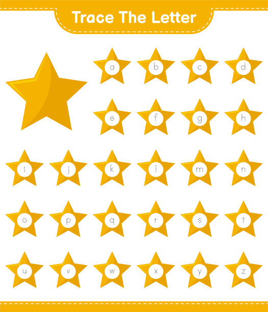 追踪这封信。用星星描摹字母。教育儿童游戏，可打印的工作表，矢量插图图片下载