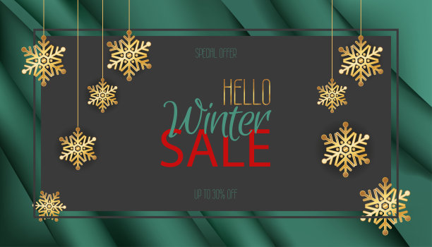 时尚和优雅的冬季背景金色雪花在绿色丝绸面料。简约的简约风格。销售横幅模板季节性海报或卡片。矢量图图片下载