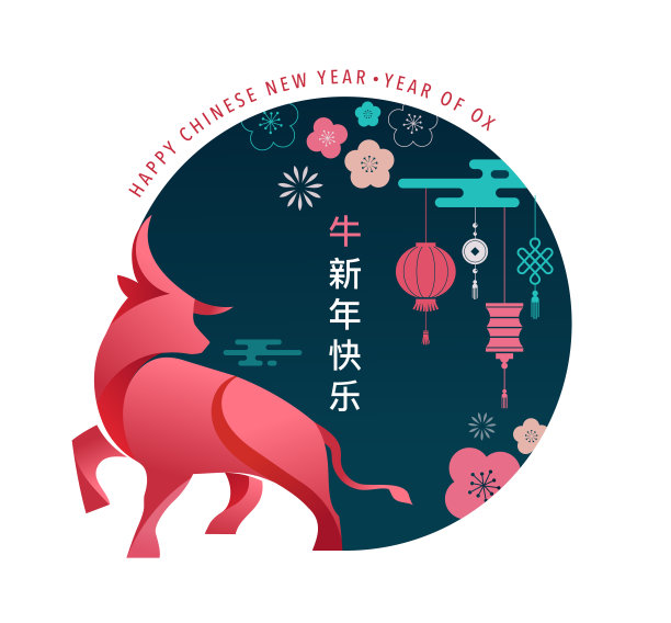 2021年中国农历牛年，红牛，是中国十二生肖的象征。矢量背景与传统的东方装饰图片下载