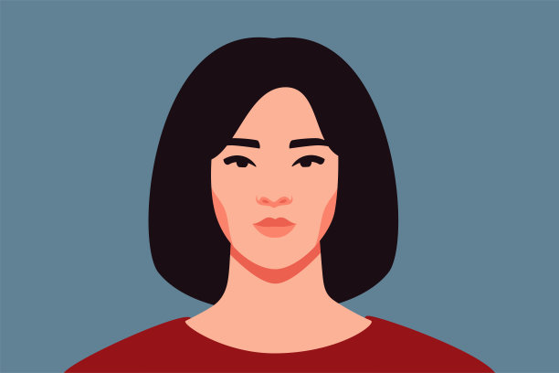 黑色头发的亚洲女人微笑着直视。自信的年轻女性与白色皮肤人像前视图上的蓝色背景。图片下载