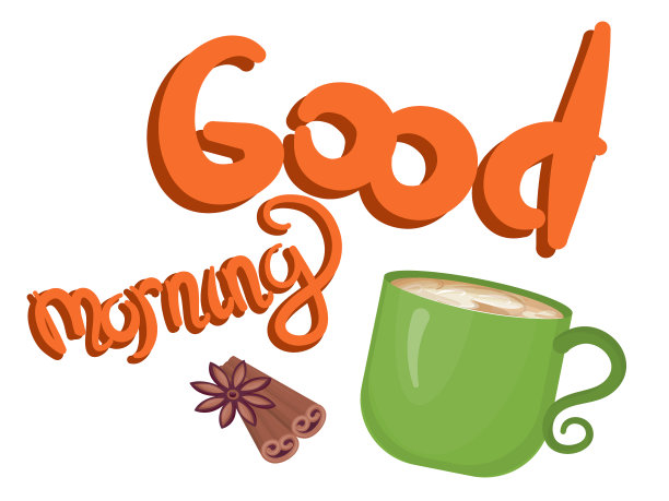 上面写着早上好，咖啡和肉桂。一杯牛奶污渍，咖啡加奶油。手写的题词醒来。香肉桂。矢量插图在平面风格..图片下载