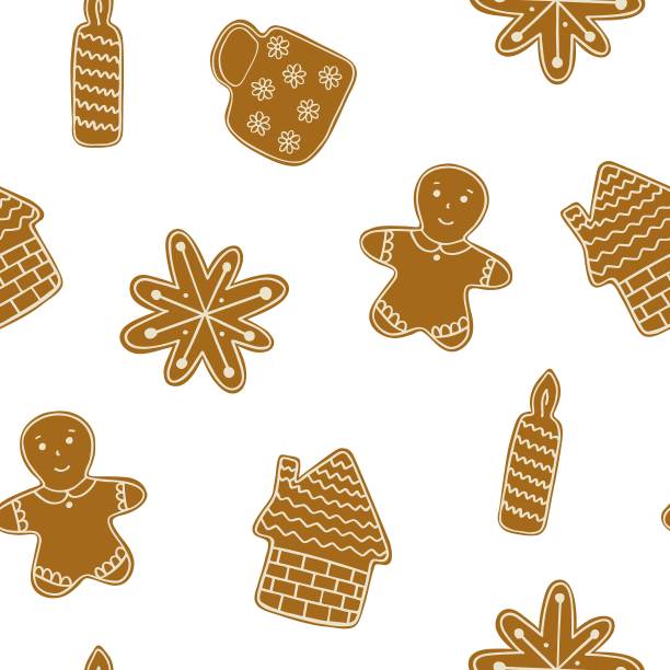 圣诞姜饼饼干传统节日庆祝重复图案手绘涂鸦风格装饰用糖糖霜冬季甜食贺卡，请柬，纺织品图片下载