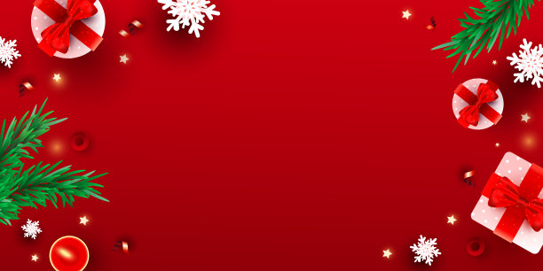 圣诞快乐，新年快乐。新潮的水平横幅框架与礼盒装饰，雪，圣诞松树在红色背景海报，节日横幅，传单，时尚的小册子，贺卡。平面布局，俯视图，矢量插图图片下载