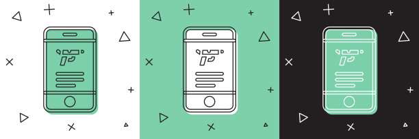 设置狩猎商店与步枪和枪支武器的移动应用程序图标隔离在白色和绿色，黑色背景。有武器装备的超市或商店。向量图片下载