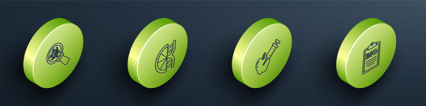 设置等距线生物危害和放大镜，转基因橙子，苹果和文件生物健康食品图标。向量图片下载