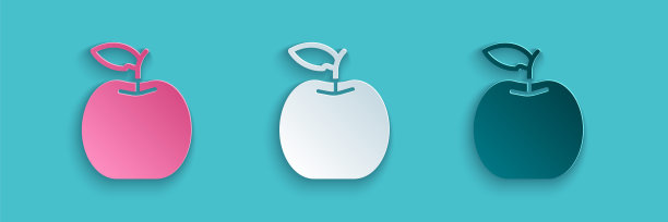 剪纸苹果图标孤立在蓝色背景。水果与叶子的象征。纸艺术风格。向量图片下载