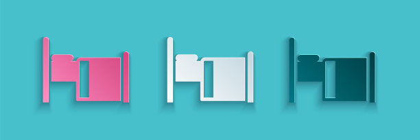 剪纸医院病床图标孤立在蓝色背景。纸艺术风格。向量图片下载