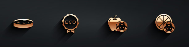 设置细菌培养皿，生态健康食品标签，转基因苹果和带有长阴影的橙色图标。向量图片下载