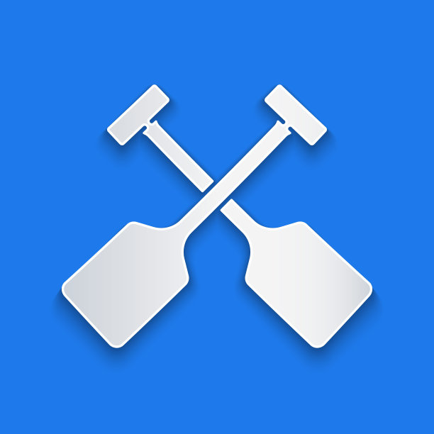 剪纸划桨图标孤立在蓝色背景。桨划船。纸艺术风格。向量图片下载