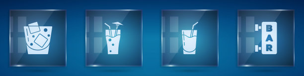 设置杯威士忌，鸡尾酒，和街道招牌与酒吧。方形玻璃面板。向量图片下载