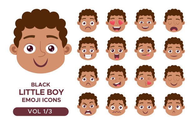 黑人男孩表情符号集合1和3图片下载