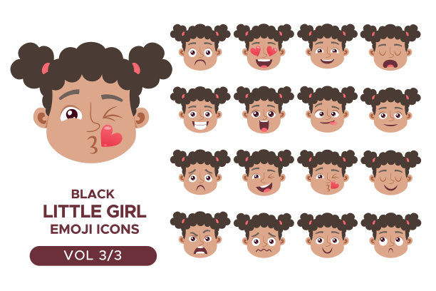 黑人女孩的表情符号，一组3图片下载