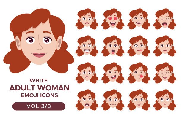 白人成年女性的表情符号设置为3 3图片下载