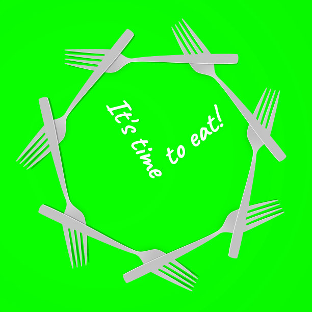 叉子在绿色背景上。叉子为餐厅、咖啡馆、披萨店设计。为广告目的设计的极简厨房叉。该吃东西了!3D渲染，3D渲染。图片下载