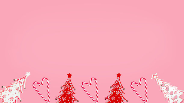 圣诞节的粉红色背景与冷杉树和条纹糖果手杖。孤立的图片下载