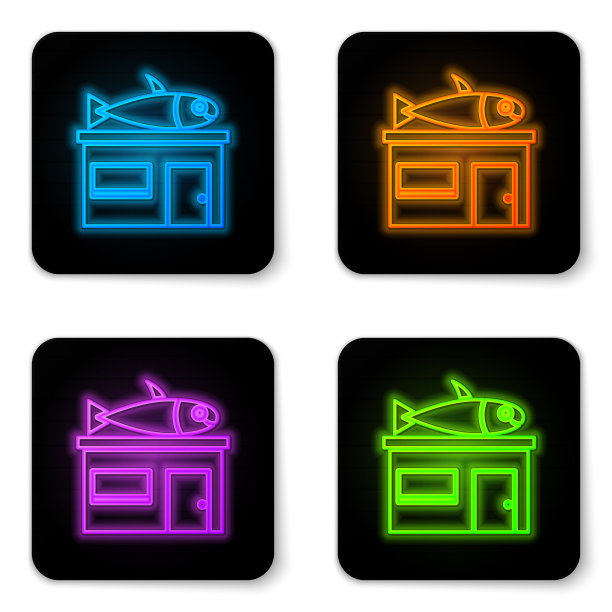 发光的霓虹灯海鲜商店图标孤立在白色图片下载