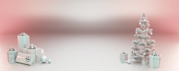 极简色彩粉彩银色背景粉红色阴影全景与礼物，复制空间，礼物，圣诞树放在一边的框架，圣诞礼物卡图片下载