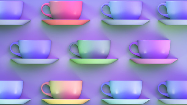 热饮主题背景。带茶托的彩色杯子。充满活力的色彩风格。图片下载