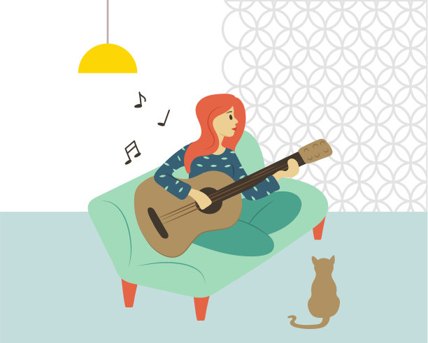 吉他演奏者女人在家里弹吉他的爱好图片下载