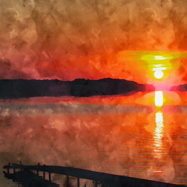 橙色的日落(日出)在水中。太阳在大海、湖泊、河流中落下。图片下载