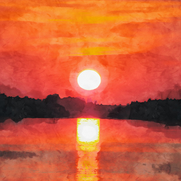 橙色的日落(日出)在水中。太阳在大海、湖泊、河流中落下。图片下载