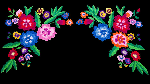 夏日幻想鲜花和三色堇在黑色织物上的花束，乌克兰民族刺绣图片下载