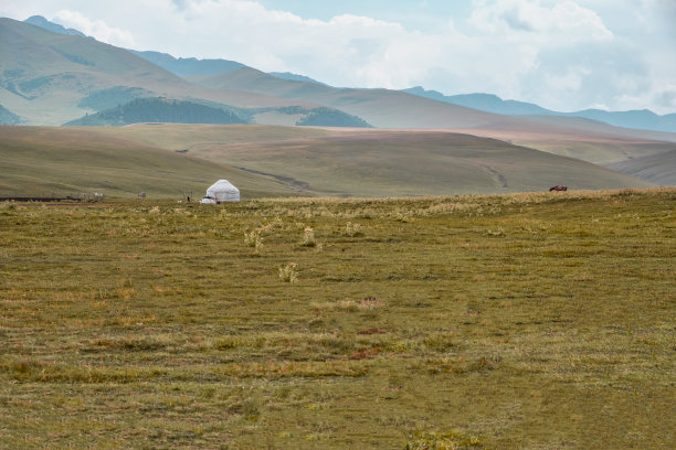 在山谷里的帐篷。山谷的观点。自然景观。夏天的风景。哈萨克斯坦的Assy高原。图片下载