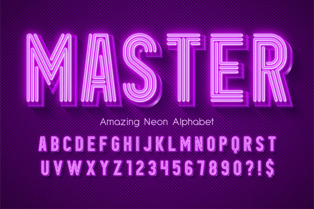 霓虹灯3d字母表，特别发光的现代类型。图片下载