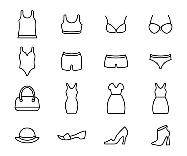 简单的一套女人的服装或布相关矢量图标图形设计。包含这样的图标，如背心，内衣，胸罩，运动胸罩，比基尼，连衣裙，背心，丁字裤，袖，拖鞋，高跟鞋，和包图片下载