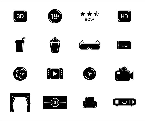 简单的一套电影电影显示相关矢量图标图形设计。包含年龄率、票、饮料、饮料、爆米花、玻璃杯、胶卷、cd、放映机、座位、窗帘等图标图片下载