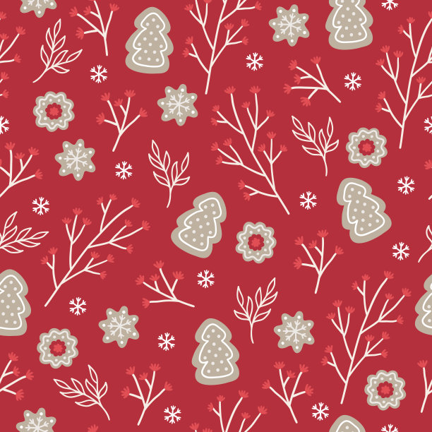 圣诞无缝图案有饼干、树叶、树枝、雪花。斯堪的纳维亚风格图片下载