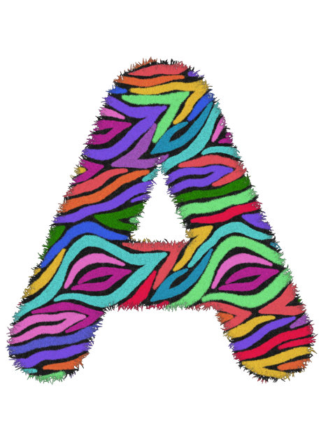 3D斑马彩虹印花字母A，动物皮毛创意装饰字符A，与彩色孤立在白色背景。具有剪切路径和切分。设计字体野生动物或safari概念。图片下载
