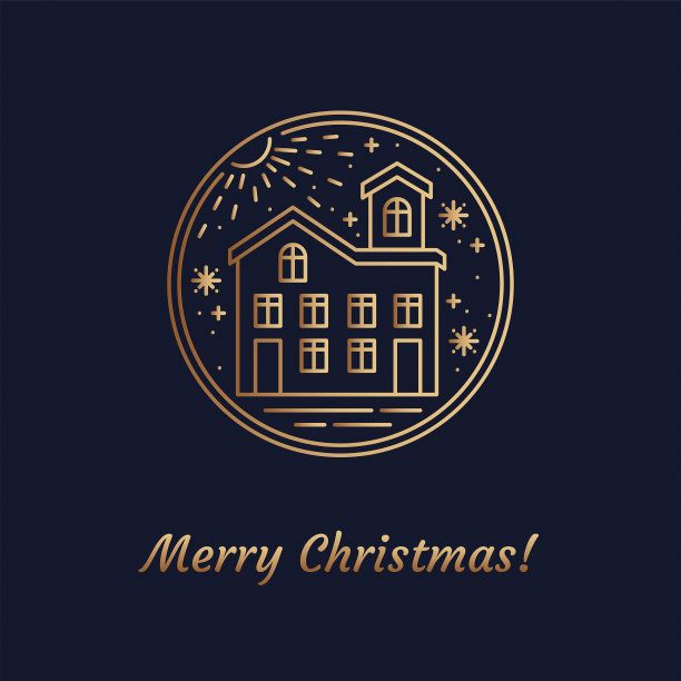 矢量金线艺术插图新年象征雪家与圣诞节雪花和射线图标概念。平面矢量符号，大纲插图孤立在魔法海军蓝背景图片下载