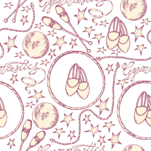 复古无缝图案搭配不同节奏的体操器材。纹理为邀请，公告和比赛背景制作矢量。图片下载