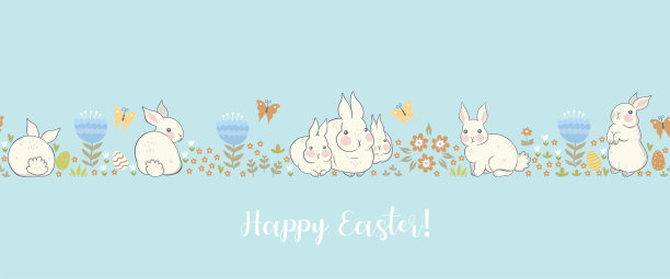 有兔子和鲜花的横幅，上面写着复活节快乐。矢量图形。图片下载