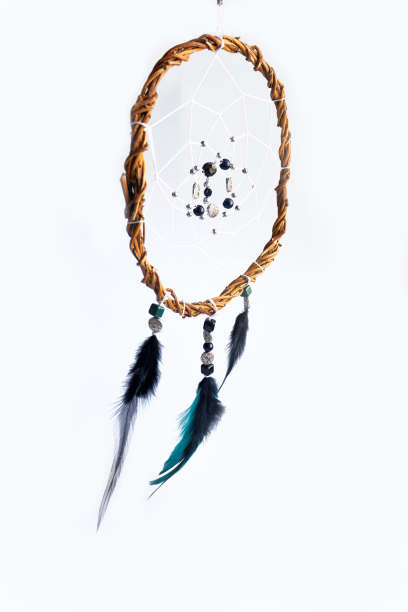 家庭装饰-手工捕梦网由柳藤，白色的线，珠子，和彩色的羽毛在白色的背景。北欧风格。图片下载