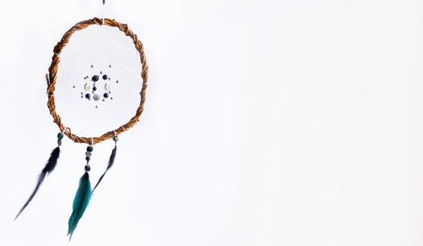 旗帜与家庭装饰在斯堪的纳维亚风格。一种独特的神秘捕梦网，由柳藤、白线、珠子和彩色羽毛制成。白色背景，右边的文字空间。图片下载