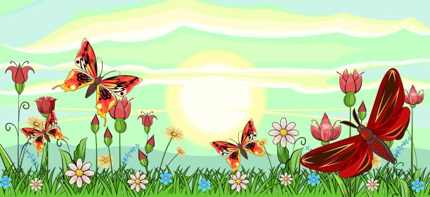 繁花似锦的草地。有天空和太阳的风景。卡通风格。令人难以置信的插图。背景图片。美丽的自然景观。自然野生植物。农村的场景。向量图片下载