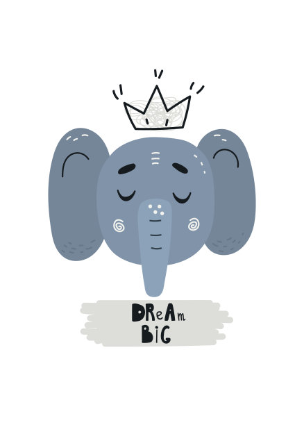 可爱的卡通大象戴着皇冠和短语梦想大。明亮的矢量图。非常适合设计海报，贴纸，儿童服装，床单，剪贴簿，拼布，包装纸。图片下载