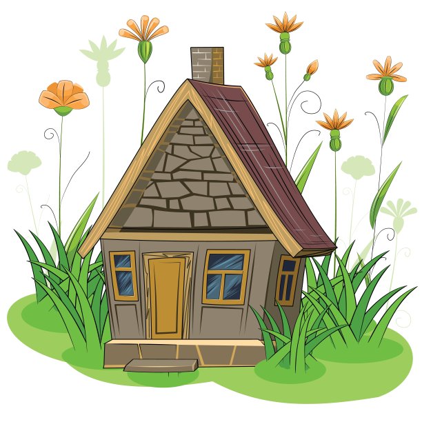 石头花园的房子。令人难以置信的卡通对象。可爱的孩子气的风格。古老的住宅。很小,很小。以花为背景的风景。草地。孤立在白色的。向量图片下载
