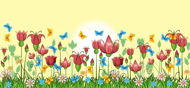 繁花似锦的草地。有天空和太阳的风景。卡通风格。令人难以置信的插图。背景图片。美丽的自然景观。自然野生植物。农村的场景。向量图片下载