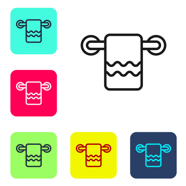 衣架图标上的黑线毛巾孤立在白色背景上。浴室毛巾图标。设置图标的颜色方形按钮。向量图片下载