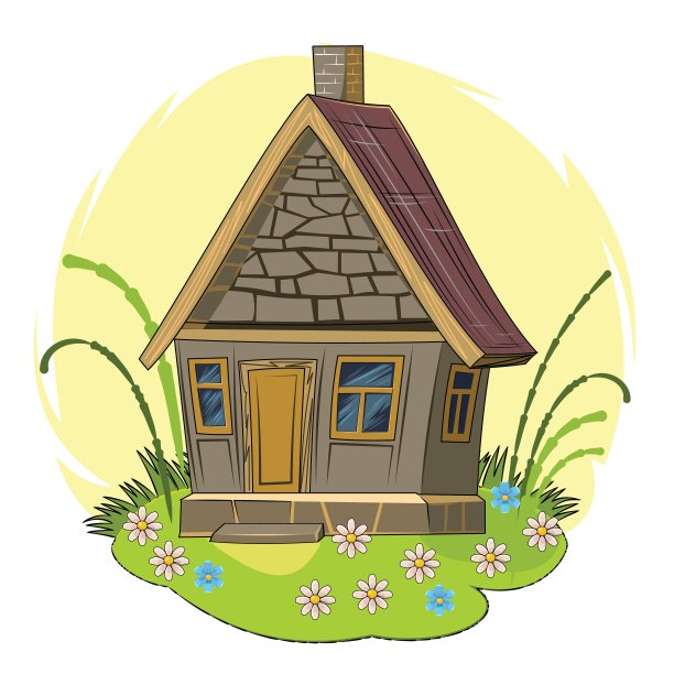 石头花园的房子。令人难以置信的卡通对象。可爱的孩子气的风格。古老的住宅。很小,很小。以花为背景的风景。草地。孤立在白色的。向量图片下载