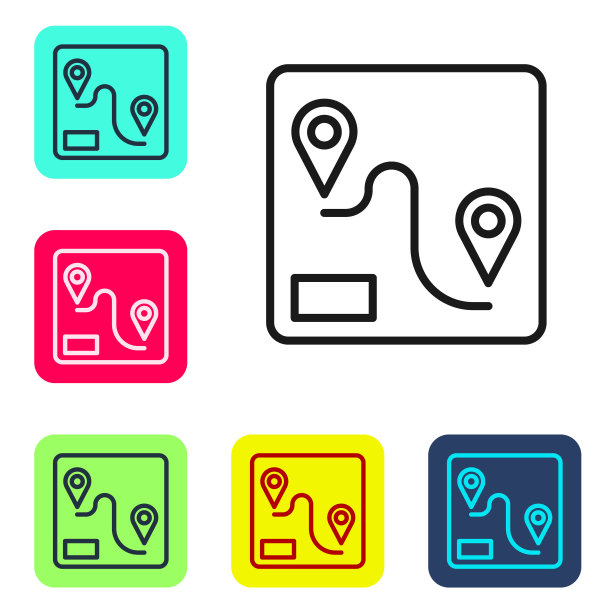 黑线路线位置图标隔离在白色背景上。列车线路路径列车道路路线的起点GPS和虚线。设置图标的颜色方形按钮。向量图片下载