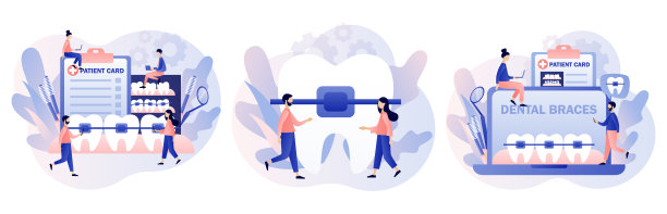 牙科牙套。正畸治疗及牙齿美容。小人矫正牙齿，病人矫正牙齿。现代平面卡通风格。矢量插图上的白色背景图片下载