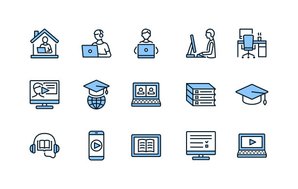 在线教育和远程工作的平线图标设置为蓝色。在家学习和工作。可编辑的中风图片下载